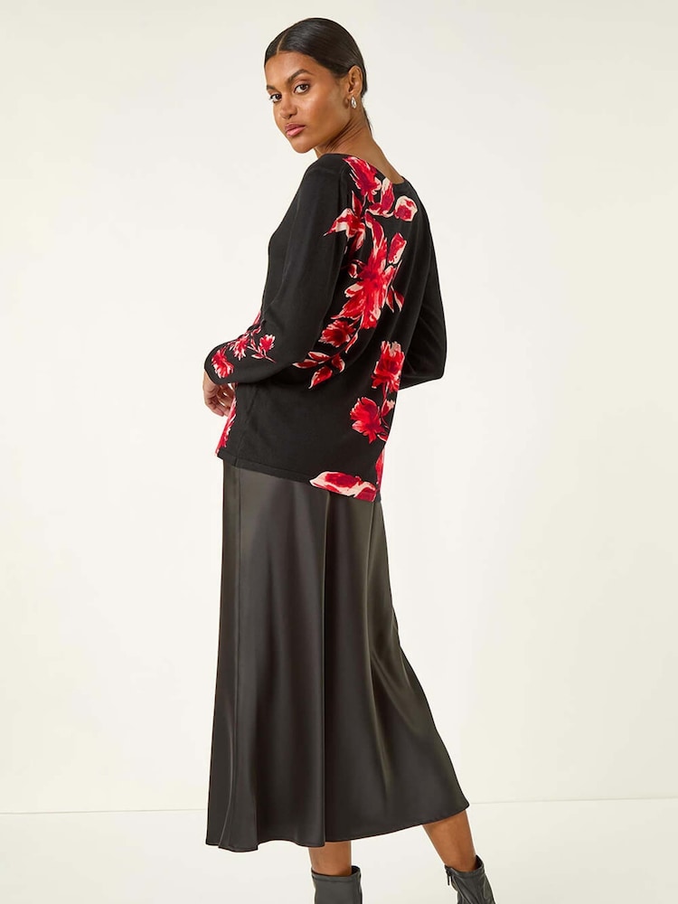 Roman Black Floral Print V-Neck Knit Top - Image 2 of 5 Roman Black Floral Print V-Neck Knit Top - Image 2 of 5