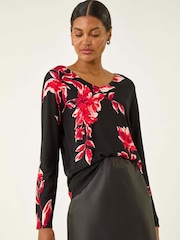 Roman Black Floral Print V-Neck Knit Top - Image 3 of 5
