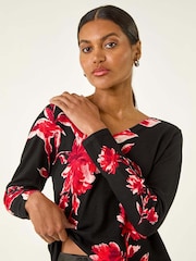 Roman Black Floral Print V-Neck Knit Top - Image 4 of 5