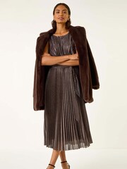 Roman Brown Metallic Pleated Midi Dress - Image 1 of 5