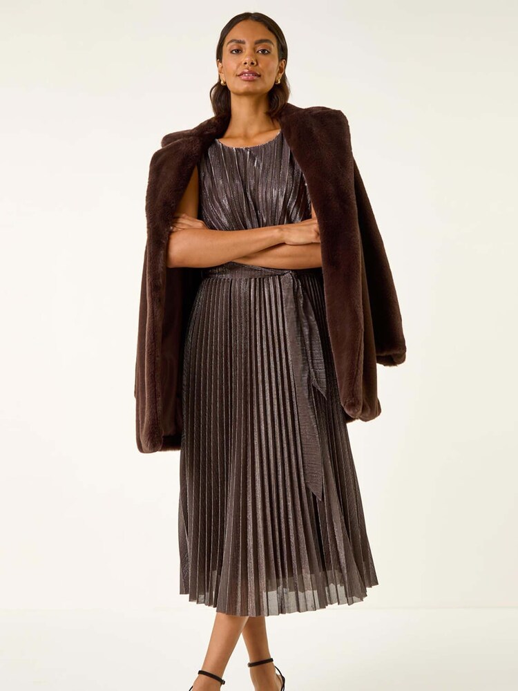 Roman Brown Metallic Pleated Midi Dress - Image 1 of 5 Roman Brown Metallic Pleated Midi Dress - Image 1 of 5