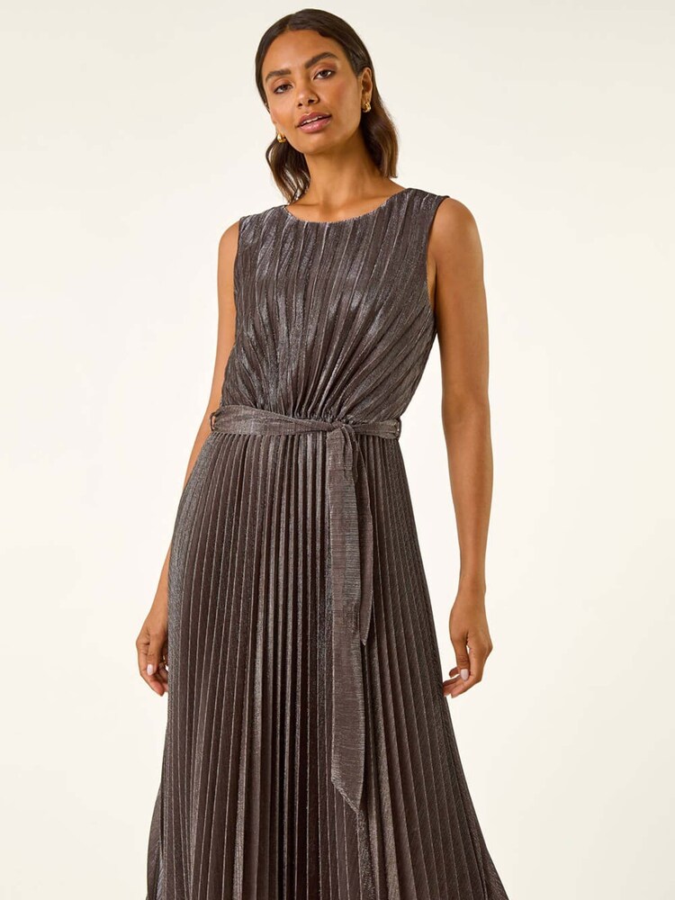 Roman Brown Metallic Pleated Midi Dress - Image 2 of 5 Roman Brown Metallic Pleated Midi Dress - Image 2 of 5