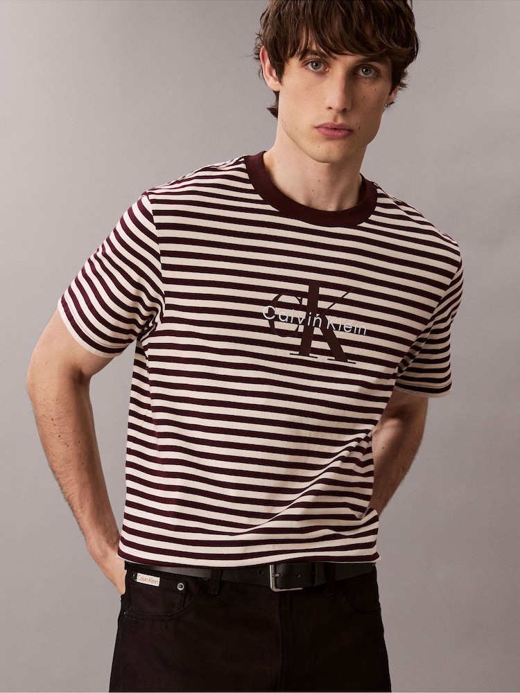 Calvin Klein Brown Monogram Logo Stripe Relaxed T-Shirt - Image 1 of 6