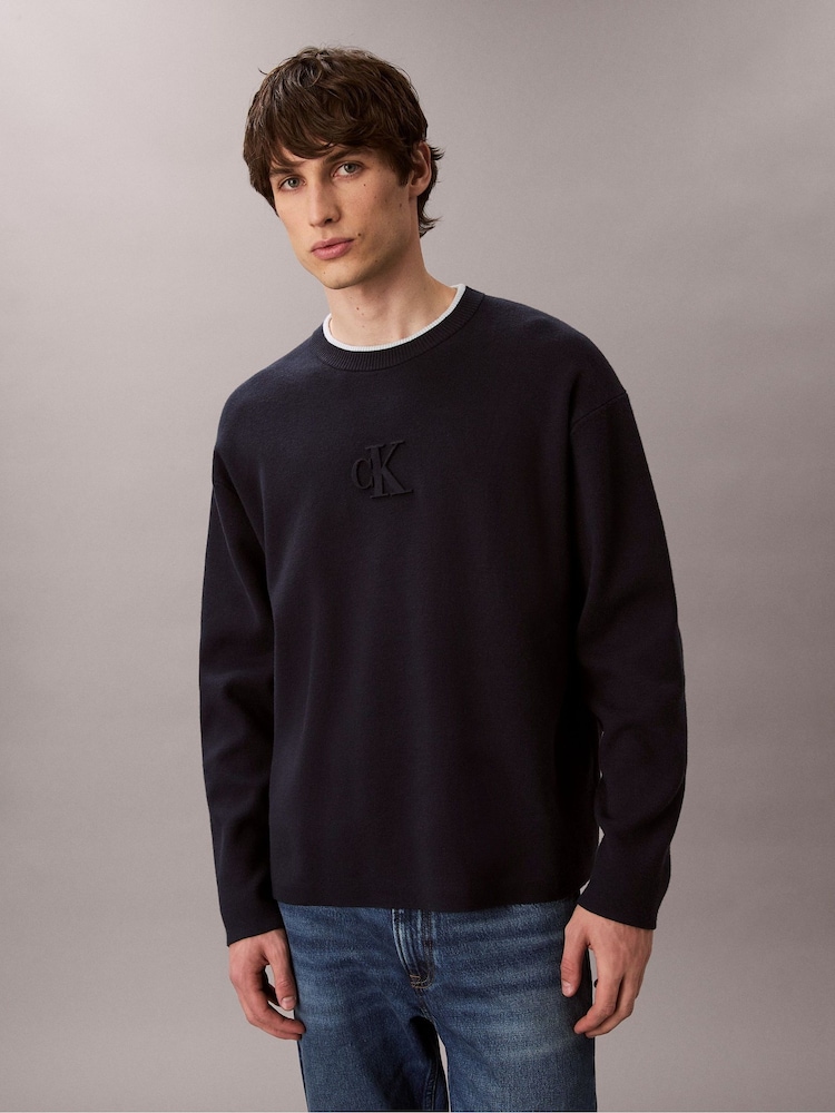Calvin Klein Blue Embossed Monogram Logo Relaxed Sweater - Image 1 of 6