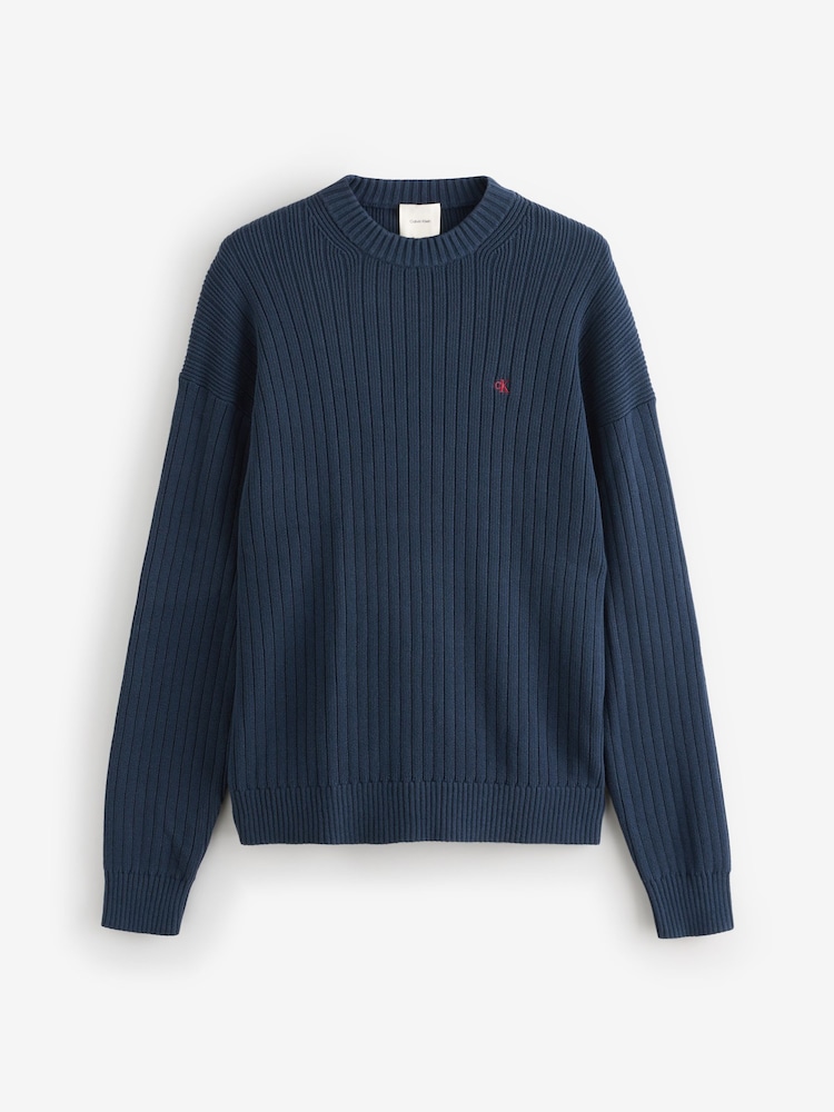 Calvin Klein Blue Ribbed Cotton Monogram Jumper - Image 1 of 2 Calvin Klein Blue Ribbed Cotton Monogram Jumper - Image 1 of 2