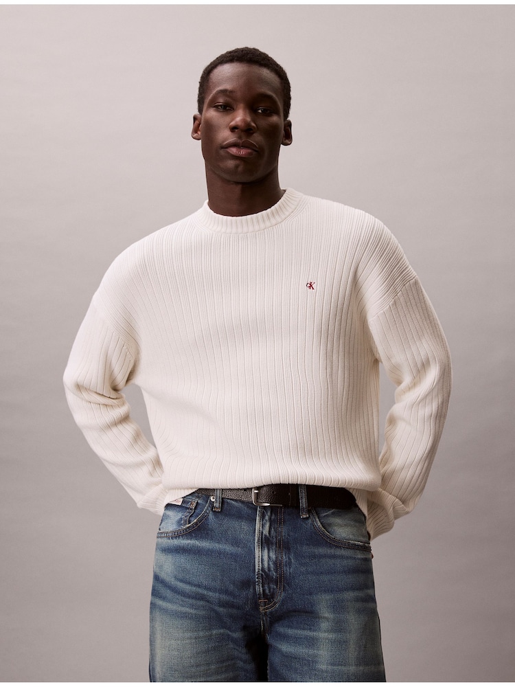Calvin Klein Off White Ribbed Cotton Monogram Jumper - Image 2 of 6 Calvin Klein Off White Ribbed Cotton Monogram Jumper - Image 2 of 6