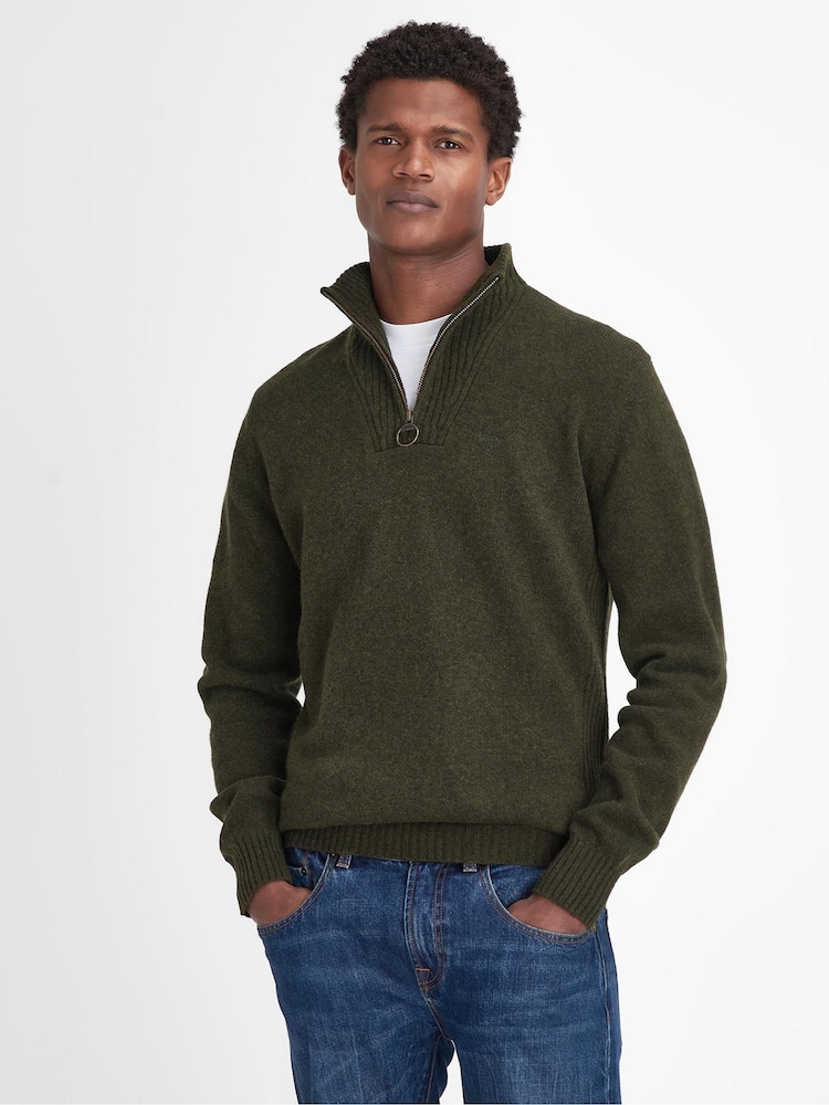 Barbour® Green Essential Lambswool Half Zip Jumper - Image 1 of 7 Barbour® Green Essential Lambswool Half Zip Jumper - Image 1 of 7