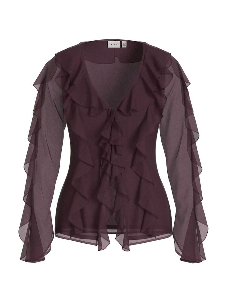 VILA Purple Long Sleeve V-Neck Frill Kimono Blouse - Image 1 of 2