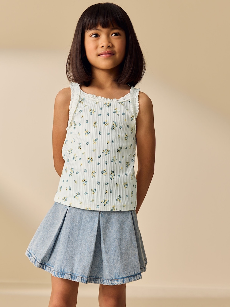 Ecru Ditsy Floral Frill Ribbed Vest (3-16yrs) - Image 1 of 8