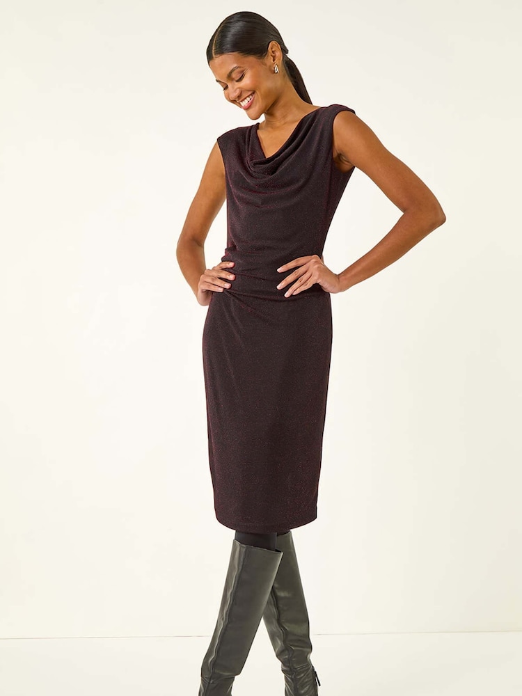 Roman Red Shimmer Cowl Neck Stretch Dress - Image 1 of 5