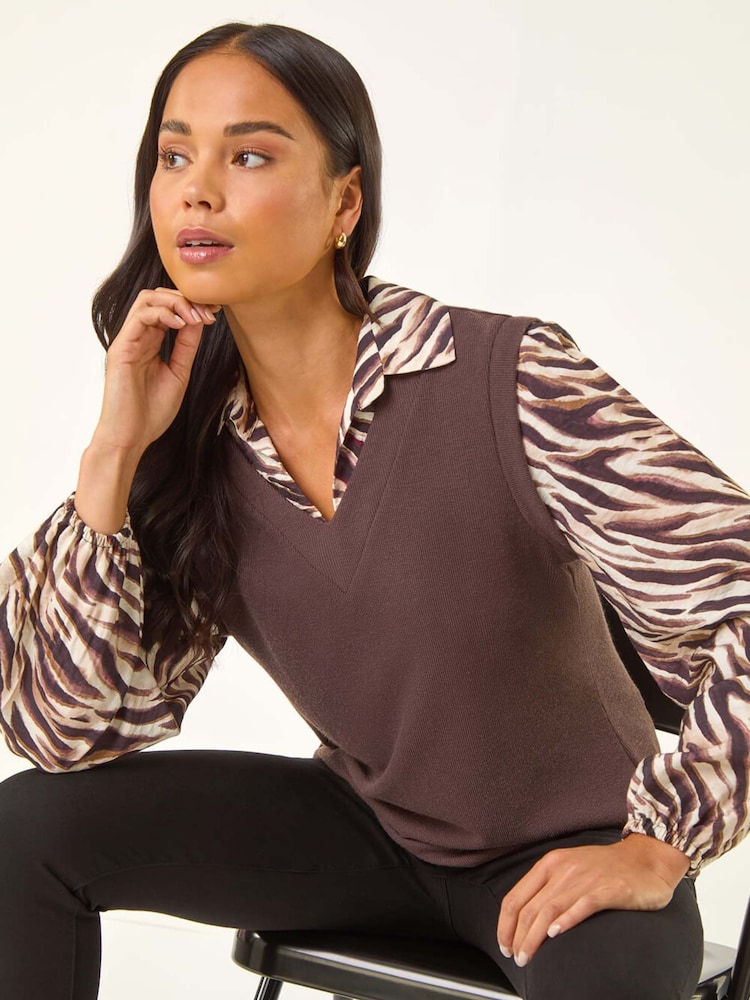 Roman Brown Petite Constrast V-Neck Shirt - Image 1 of 5