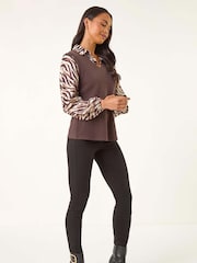Roman Brown Petite Constrast V-Neck Shirt - Image 2 of 5