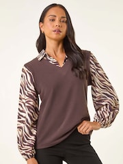 Roman Brown Petite Constrast V-Neck Shirt - Image 4 of 5