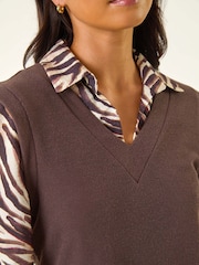 Roman Brown Petite Constrast V-Neck Shirt - Image 5 of 5
