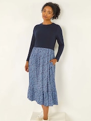 Roman Blue Petite Contrast Tiered Midi Dress - Image 1 of 5
