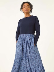 Roman Blue Petite Contrast Tiered Midi Dress - Image 2 of 5