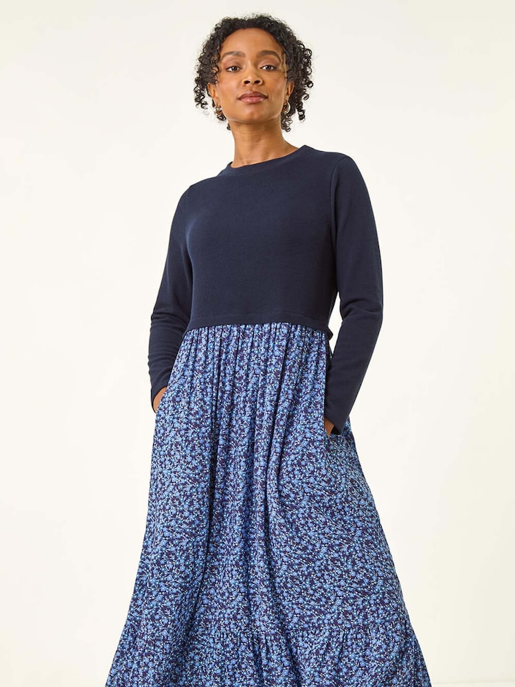 Roman Blue Petite Contrast Tiered Midi Dress - Image 2 of 5