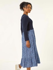 Roman Blue Petite Contrast Tiered Midi Dress - Image 3 of 5