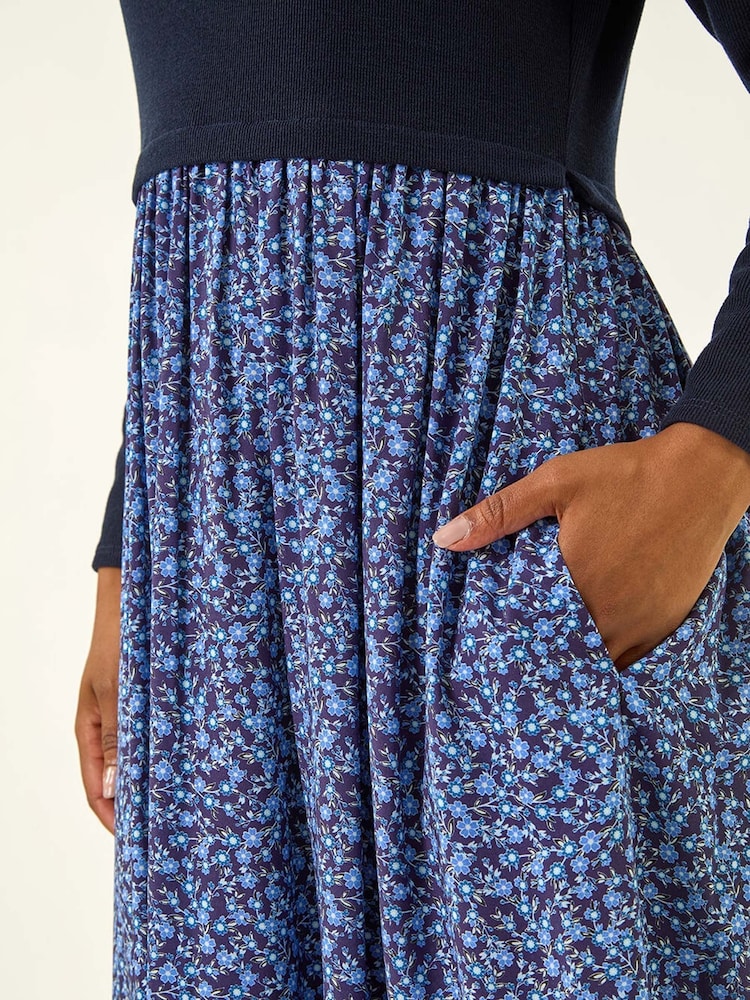Roman Blue Petite Contrast Tiered Midi Dress - Image 5 of 5
