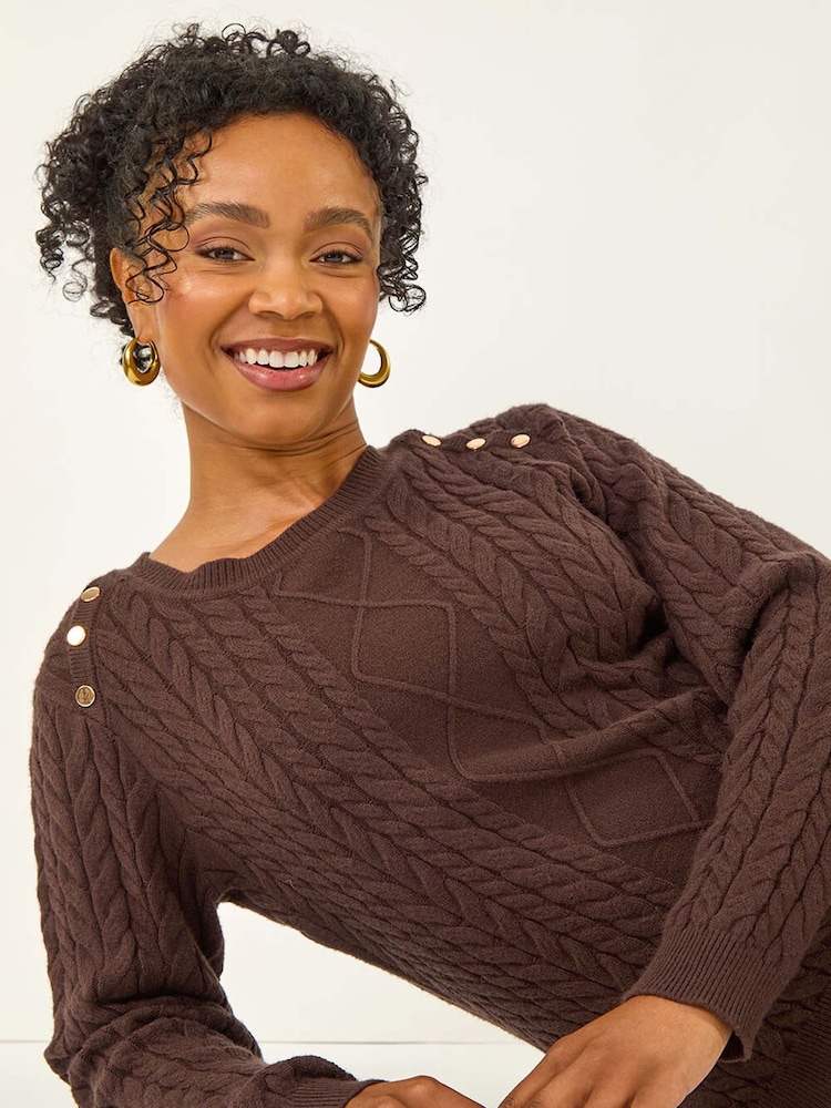 Roman Brown Petite Button Detail Knit Jumper - Image 1 of 5