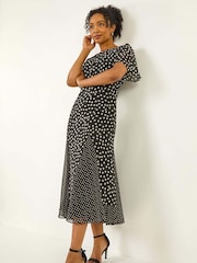 Roman Black Spot Print Godet Hem Midi Dress - Image 1 of 5