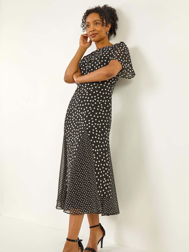 Roman Black Spot Print Godet Hem Midi Dress - Image 1 of 5