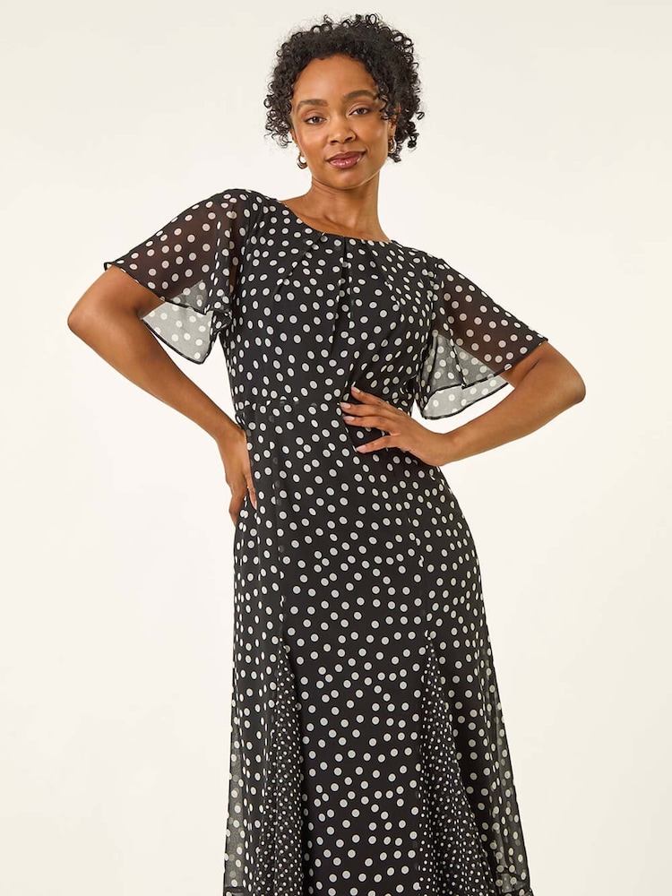 Roman Black Spot Print Godet Hem Midi Dress - Image 2 of 5