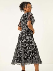 Roman Black Spot Print Godet Hem Midi Dress - Image 3 of 5