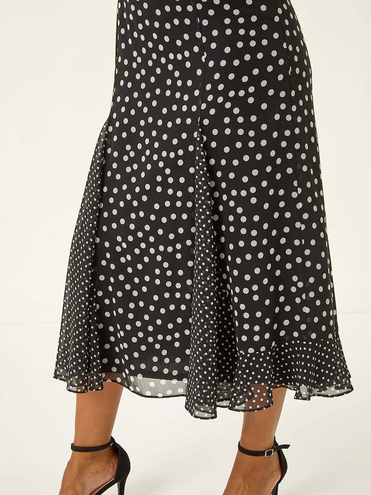Roman Black Spot Print Godet Hem Midi Dress - Image 5 of 5