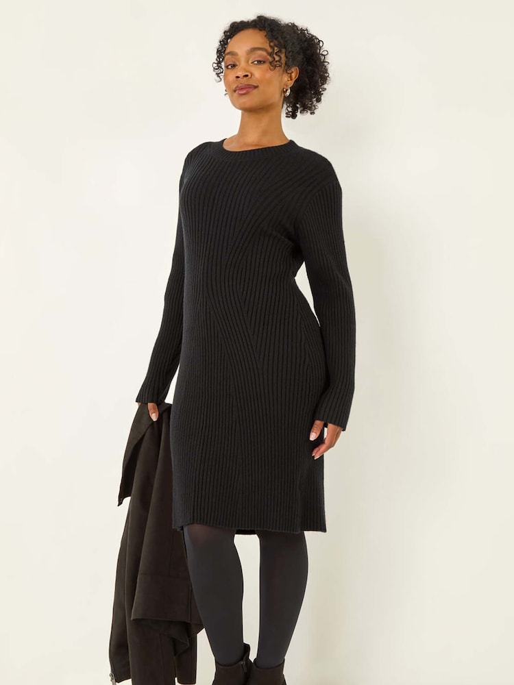 Roman Black Petite Ribbed Knitted Dress - Image 1 of 5 Roman Black Petite Ribbed Knitted Dress - Image 1 of 5