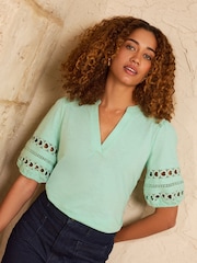 Love & Roses Mint Green Heart Lace Insert V-Neck Jersey T-Shirt - Image 1 of 4