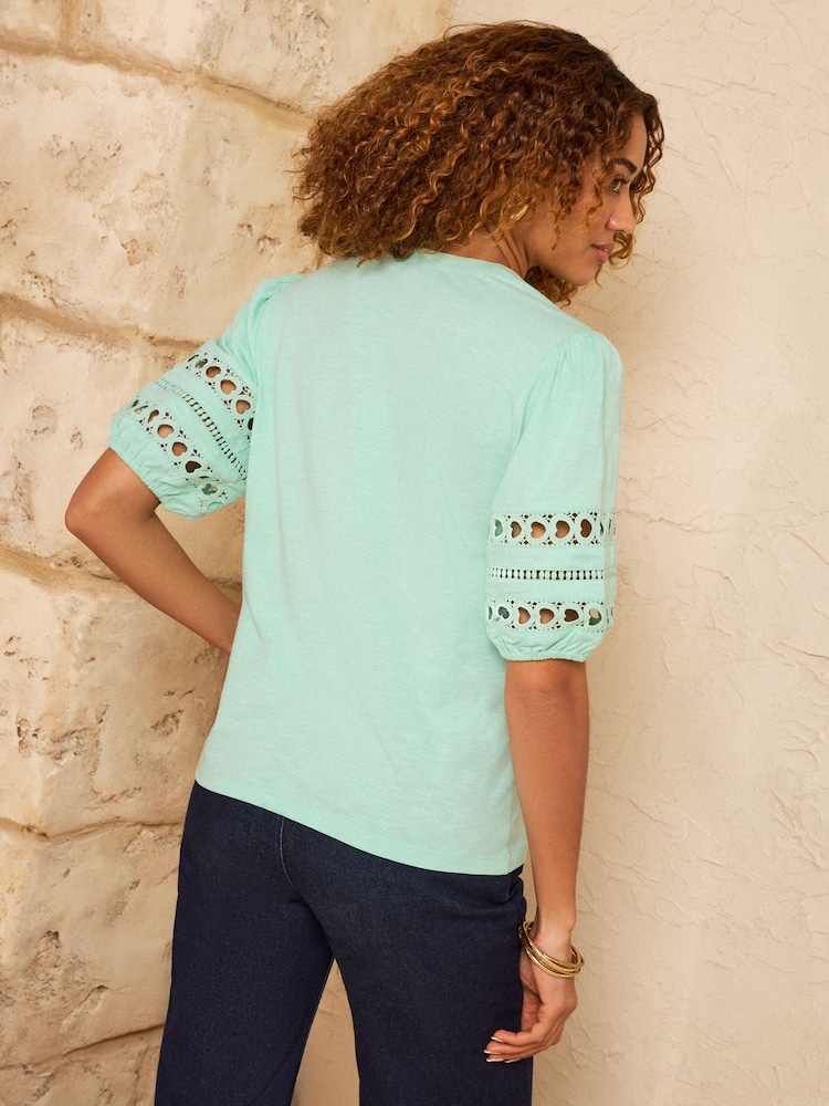 Love & Roses Mint Green Heart Lace Insert V-Neck Jersey T-Shirt - Image 4 of 4