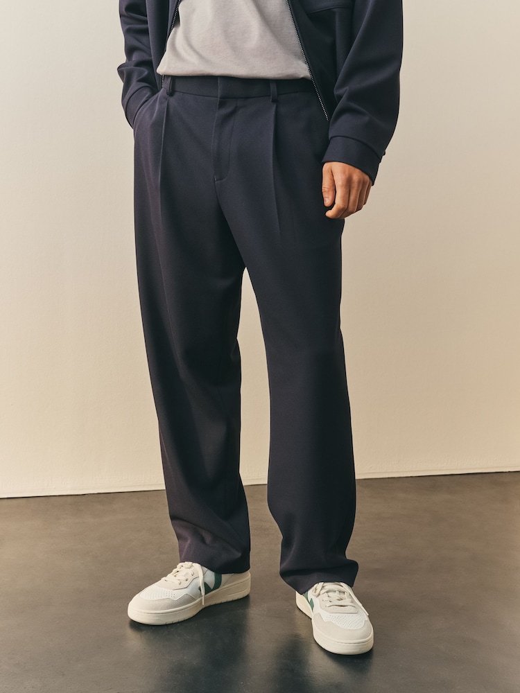 Nothing Ordinary Navy Twill Textured Pleat Front Trousers - Image 1 of 5