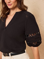 Love & Roses Black Heart Lace Insert V-Neck Jersey T-Shirt - Image 2 of 4