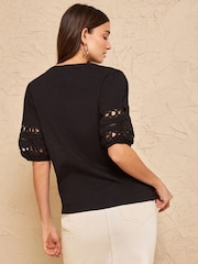 Love & Roses Black Heart Lace Insert V-Neck Jersey T-Shirt - Image 4 of 4