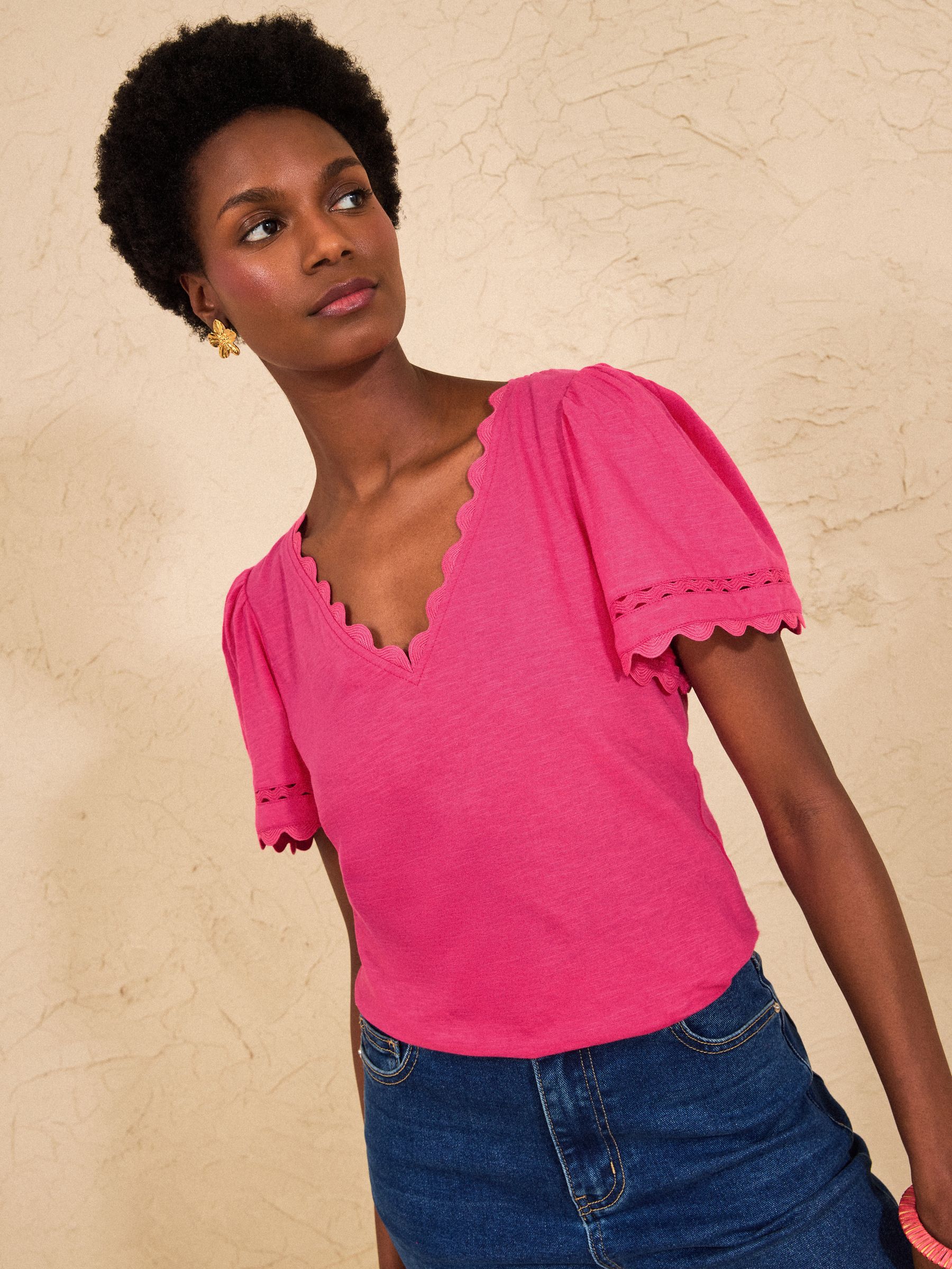 Buy Love & Roses Bright Pink Scallop V-Neck T-Shirt from the Next