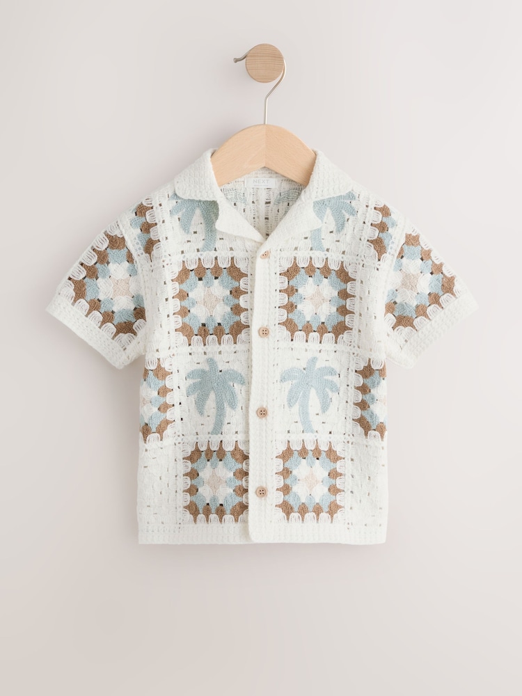 Boys Next White Palms Crochet Knitted Short Sleeve Shirt (12mths