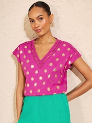 Love & Roses Pink Foil Print Lace Insert V-Neck Jersey T-Shirt - Image 1 of 4