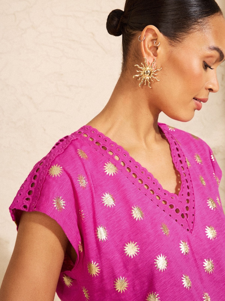 Love & Roses Pink Foil Print Lace Insert V-Neck Jersey T-Shirt - Image 2 of 4