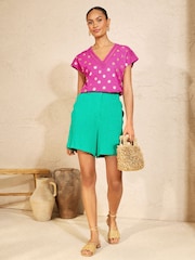 Love & Roses Pink Foil Print Lace Insert V-Neck Jersey T-Shirt - Image 3 of 4