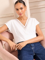 Love & Roses Ivory Lace Insert V-Neck Jersey T-Shirt - Image 1 of 4