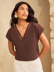 Love & Roses Chocolate Brown Lace Insert V-Neck Jersey T-Shirt - Image 1 of 4