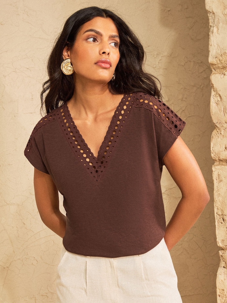 Love & Roses Chocolate Brown Lace Insert V-Neck Jersey T-Shirt - Image 1 of 4