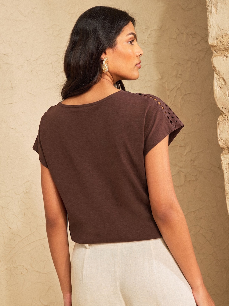 Love & Roses Chocolate Brown Lace Insert V-Neck Jersey T-Shirt - Image 2 of 4