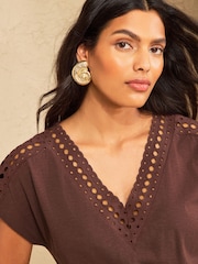 Love & Roses Chocolate Brown Lace Insert V-Neck Jersey T-Shirt - Image 4 of 4