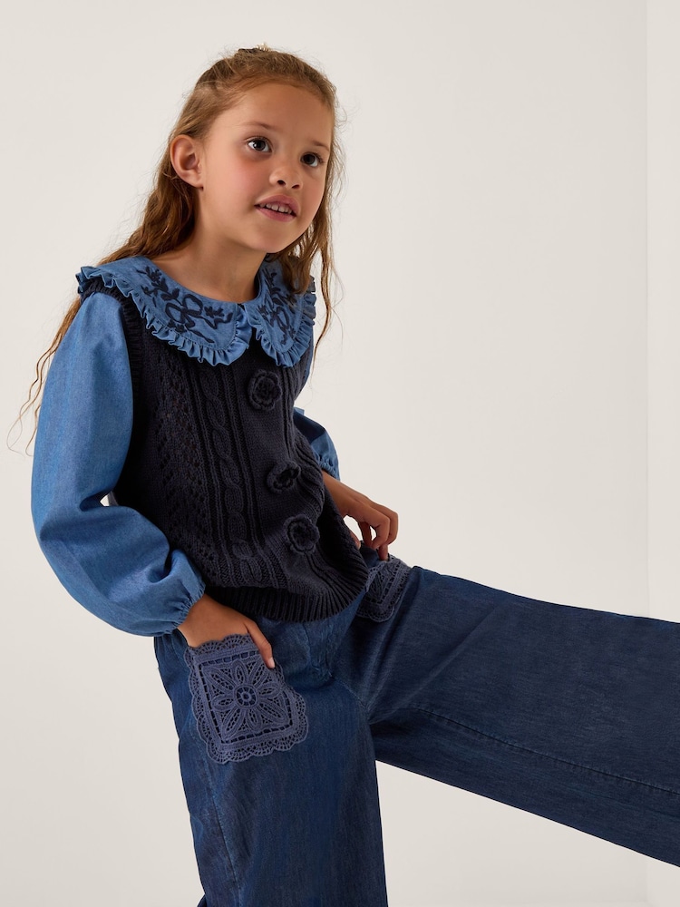 Monsoon Blue 2-In-1 Knitted Chambray Top - Image 1 of 4 Monsoon Blue 2-In-1 Knitted Chambray Top - Image 1 of 4