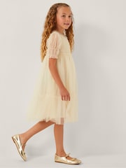 Monsoon Gold Natalie Puff Sleeve Shimmer Tulle Dress - Image 1 of 4