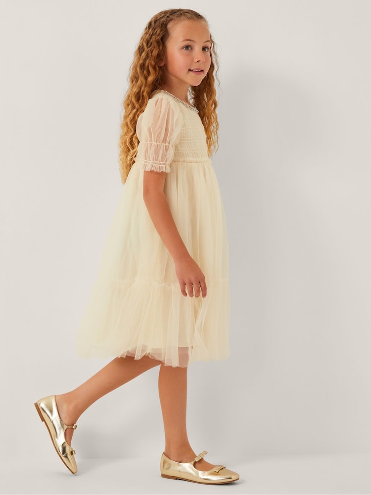 Monsoon Gold Natalie Puff Sleeve Shimmer Tulle Dress - Image 1 of 4 Monsoon Gold Natalie Puff Sleeve Shimmer Tulle Dress - Image 1 of 4