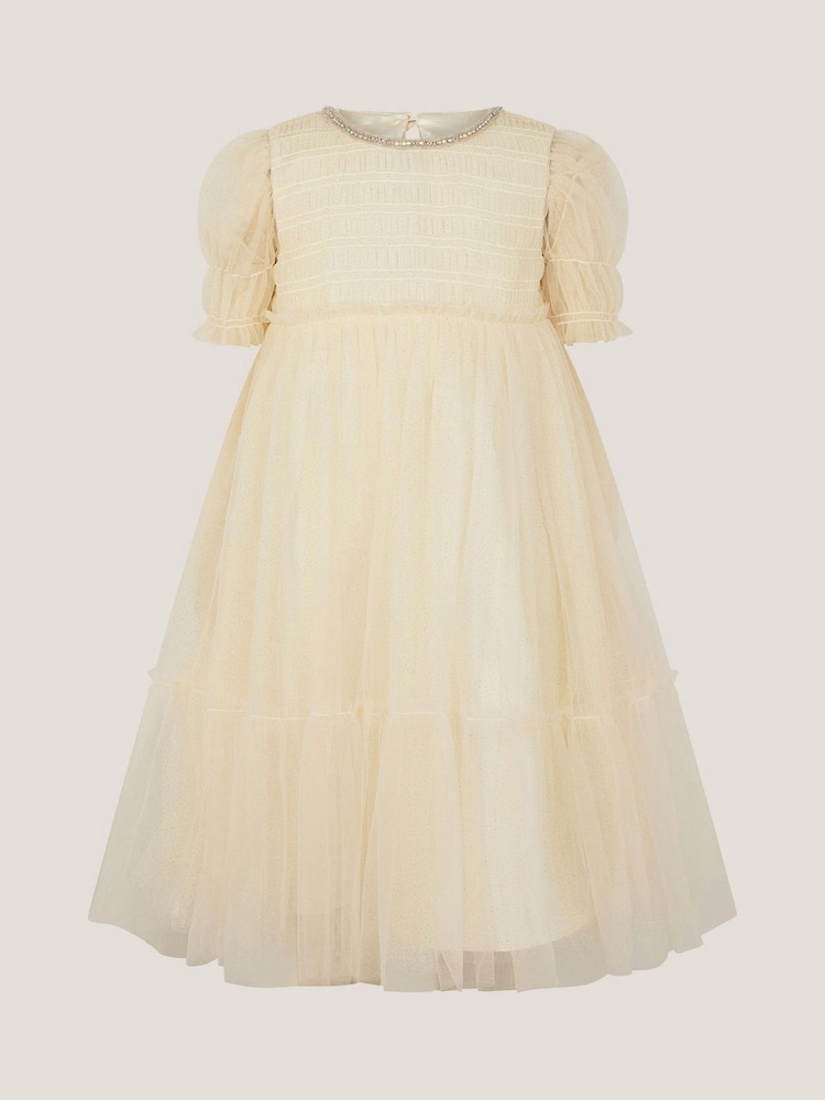 Monsoon Gold Natalie Puff Sleeve Shimmer Tulle Dress - Image 2 of 4 Monsoon Gold Natalie Puff Sleeve Shimmer Tulle Dress - Image 2 of 4