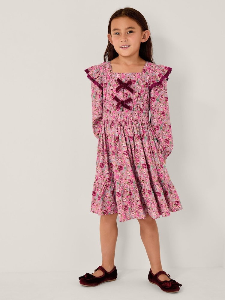Monsoon Pink Floral Long Sleeve Bow Dress - Image 1 of 4 Monsoon Pink Floral Long Sleeve Bow Dress - Image 1 of 4